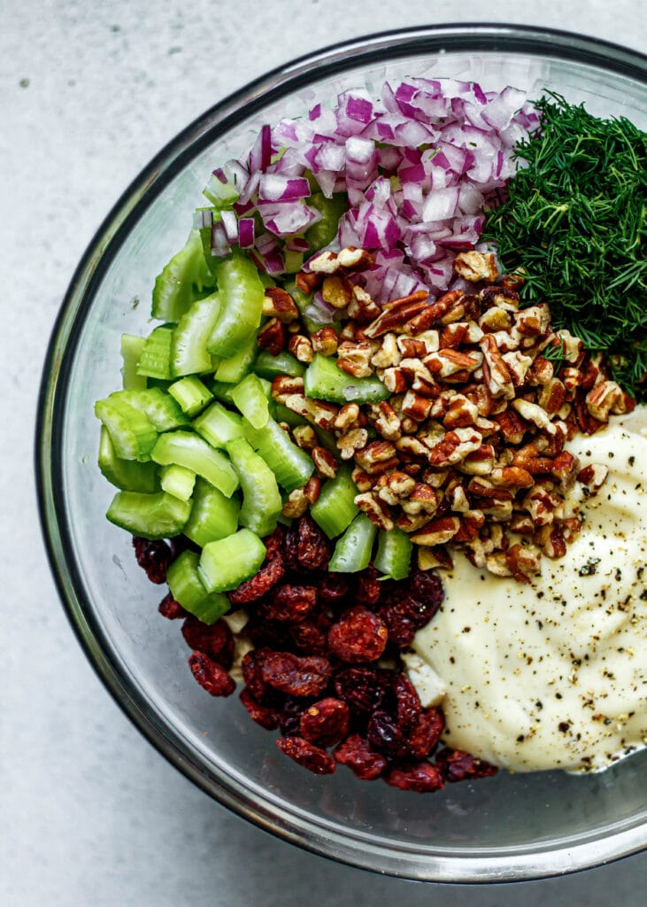 celery, dried cranberries, pecans, red onion, dill, and mayonnaise in clear mixing bowl