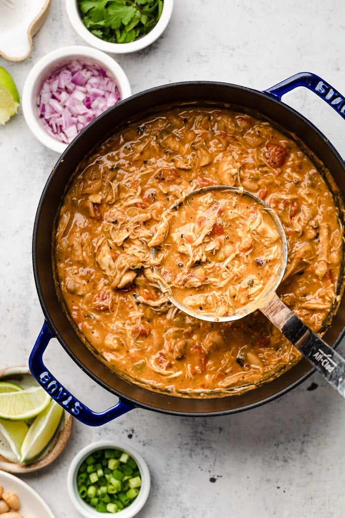 chicken chili in large pot with ladle