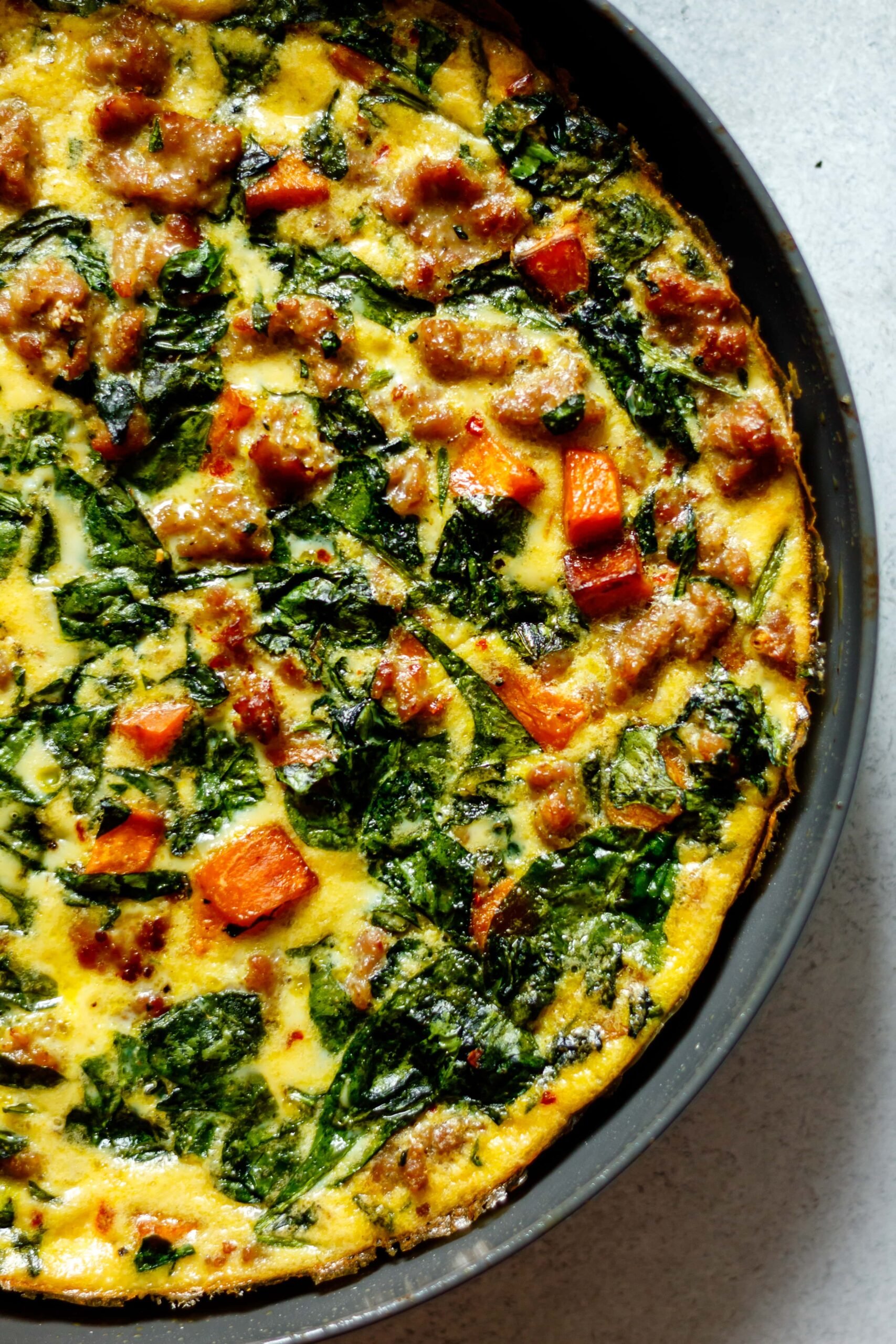 Sweet Potato and Sausage Frittata in a non-stick skillet
