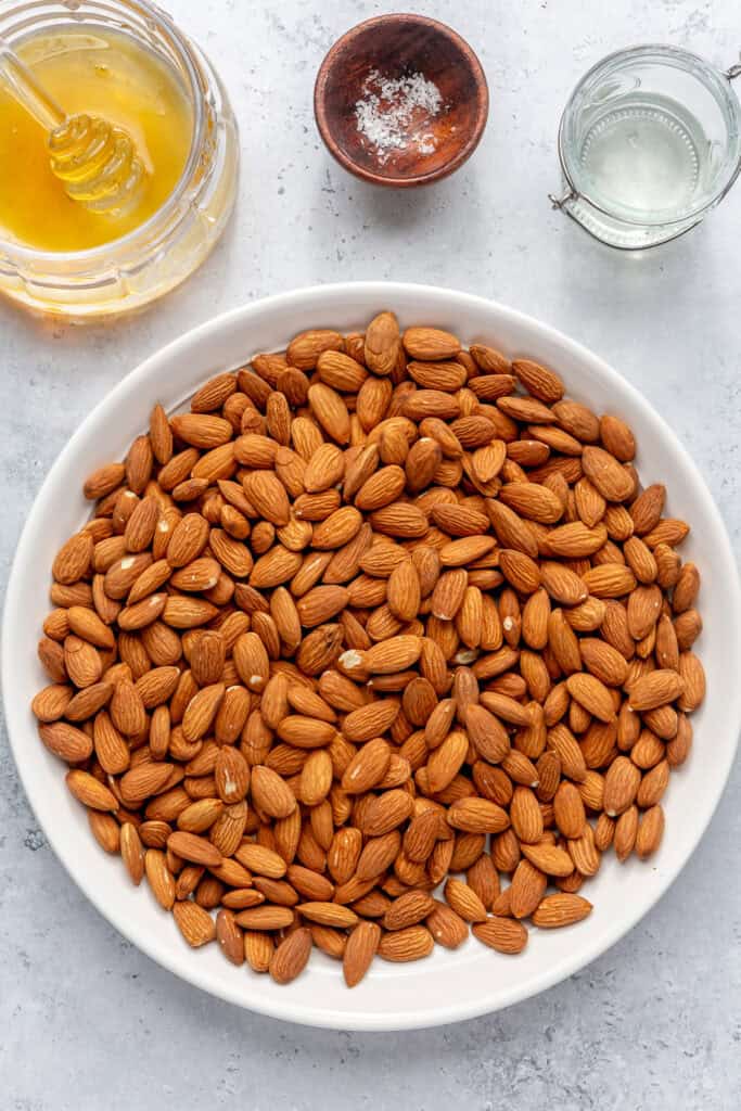 almond butter ingredients in small bowls