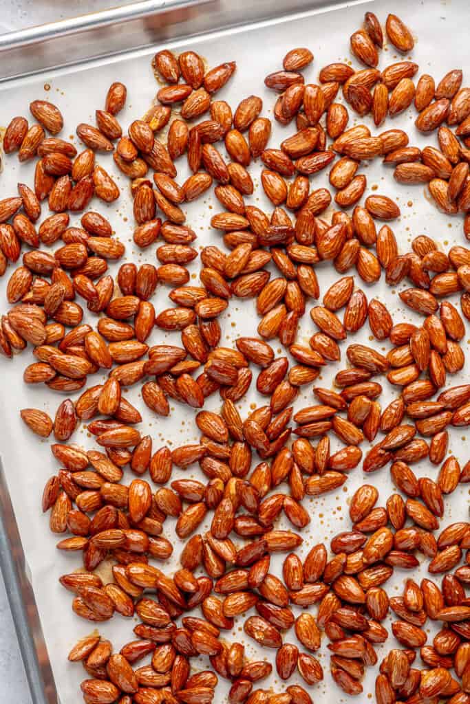 roasted almonds on a sheet pan