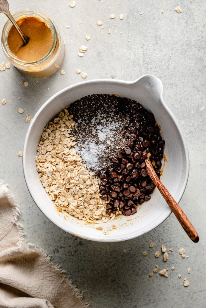 chocolate chips, oats, and sea salt in bowl