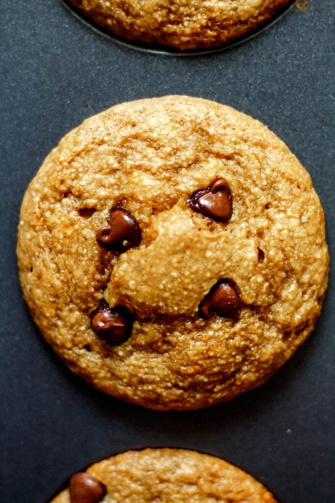 baked banana chocolate chip muffins in muffin pan