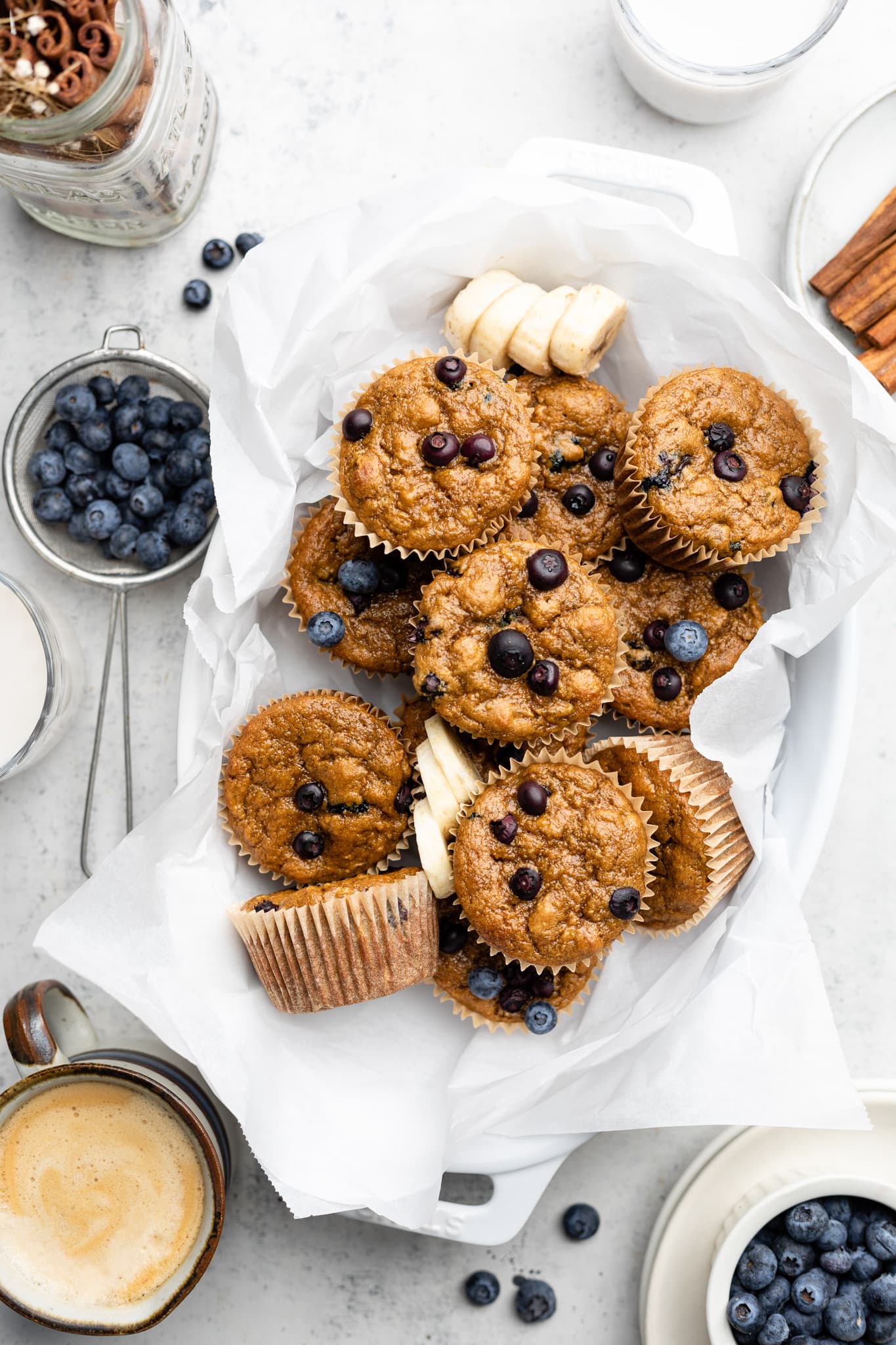 blueberry banana muffins in basket
