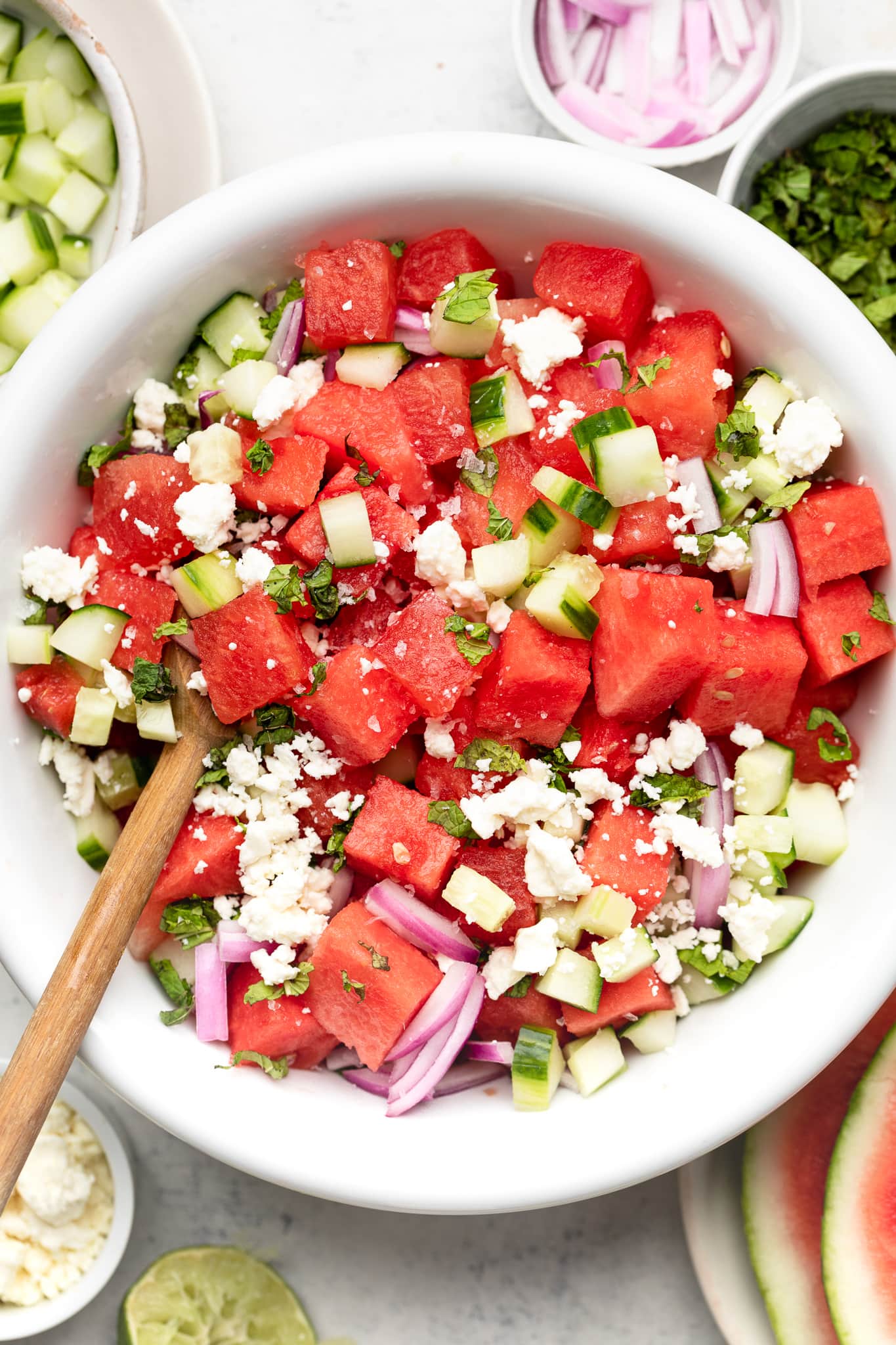 watermelon feta salad in bowl