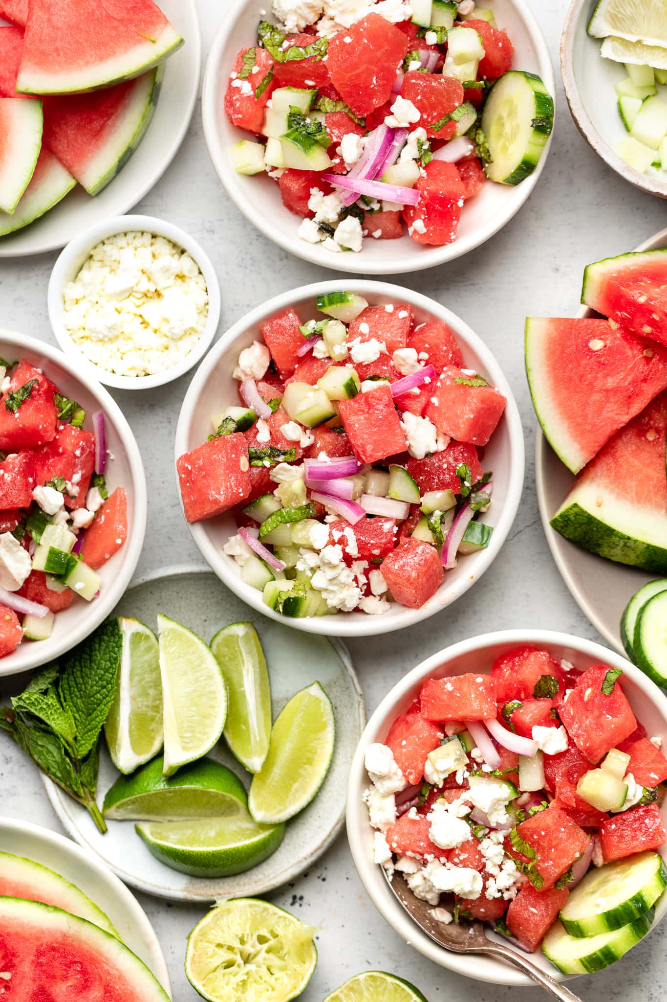 watermelon feta salad in bowls