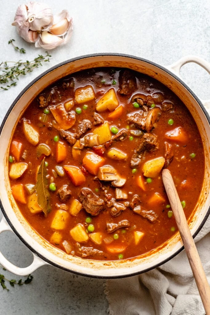 healthy beef stew in pot