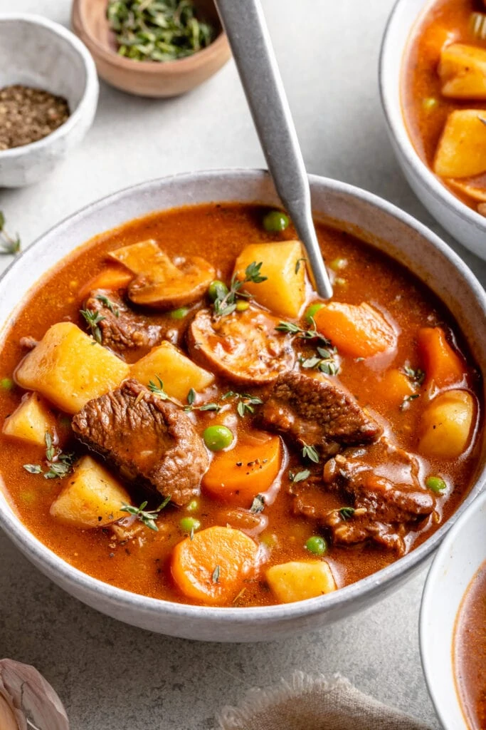 healthy beef stew in bowl with spoon