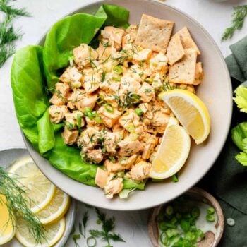 chicken salad with lettuce and lemon on plate