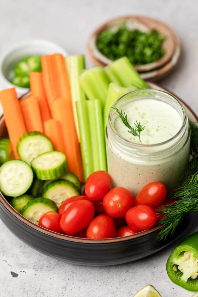 jalapeno ranch in jar with veggies