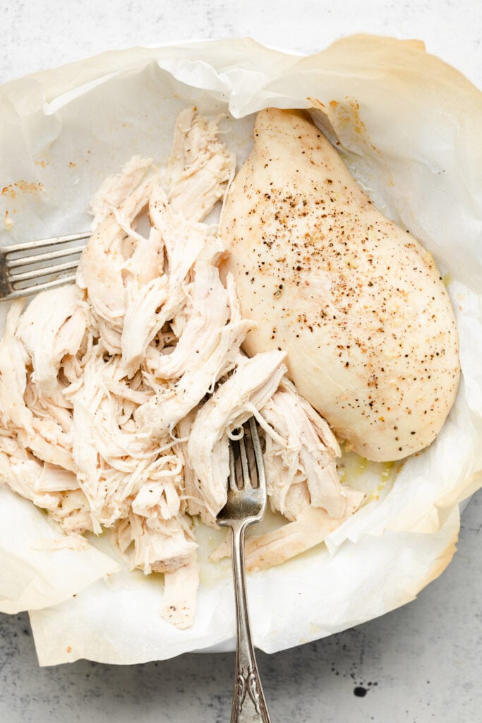 shredded chicken in dish