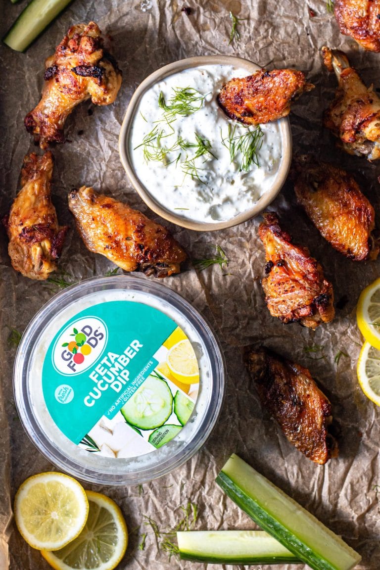 Greek Grilled Chicken Wings with Creamy Feta Cucumber Dip