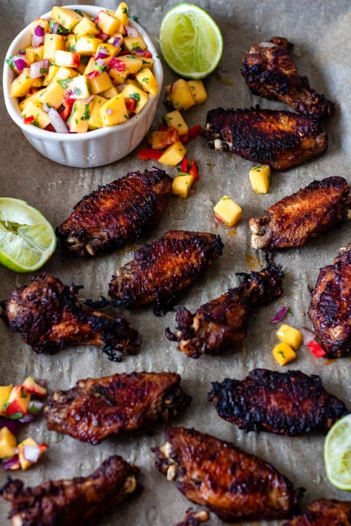 Crispy Jerk Chicken Wings with Peach Salsa (Whole30, Paleo, GlutenFree
