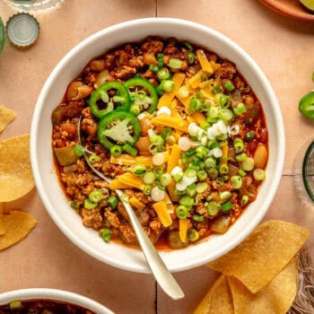 white bean turkey chili in bowl