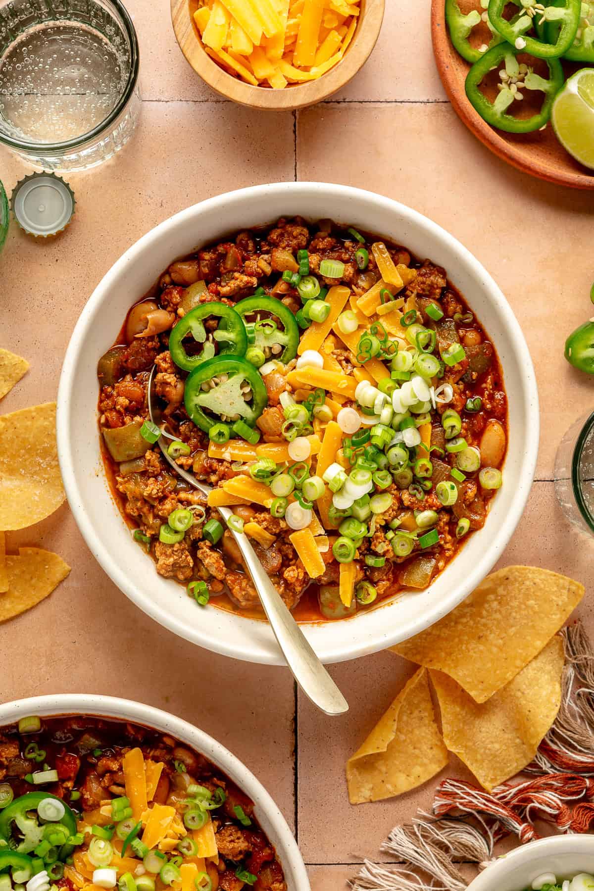 white bean turkey chili in bowl