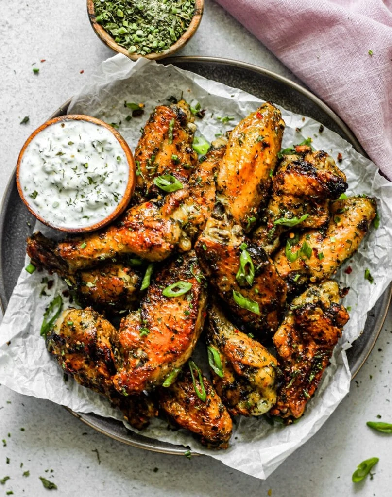 crispy baked ranch wings with ranch dip on the side