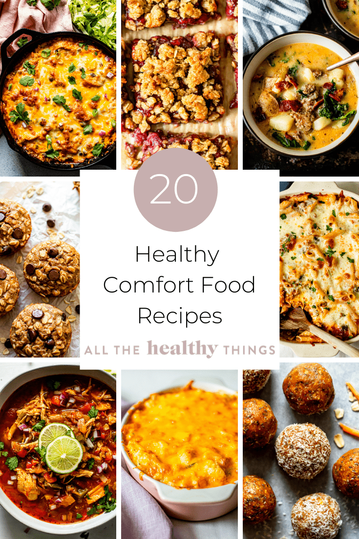 Healthy Comfort Food Recipes collage with 9 different food images