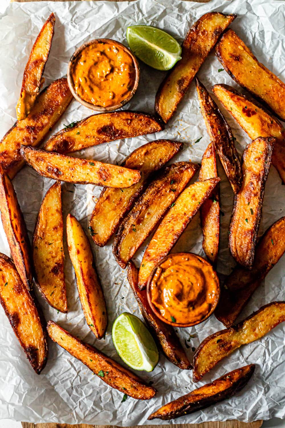 potato wedges on white parchment paper with chipotle lime aioli