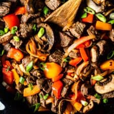 One Skillet Beef Tips with Peppers and Onions image