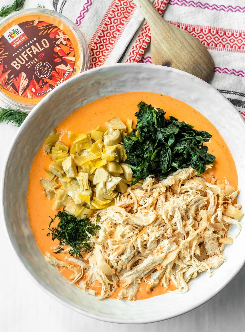 Buffalo Chicken Spinach Artichoke Dip (Dairy Free + Paleo)