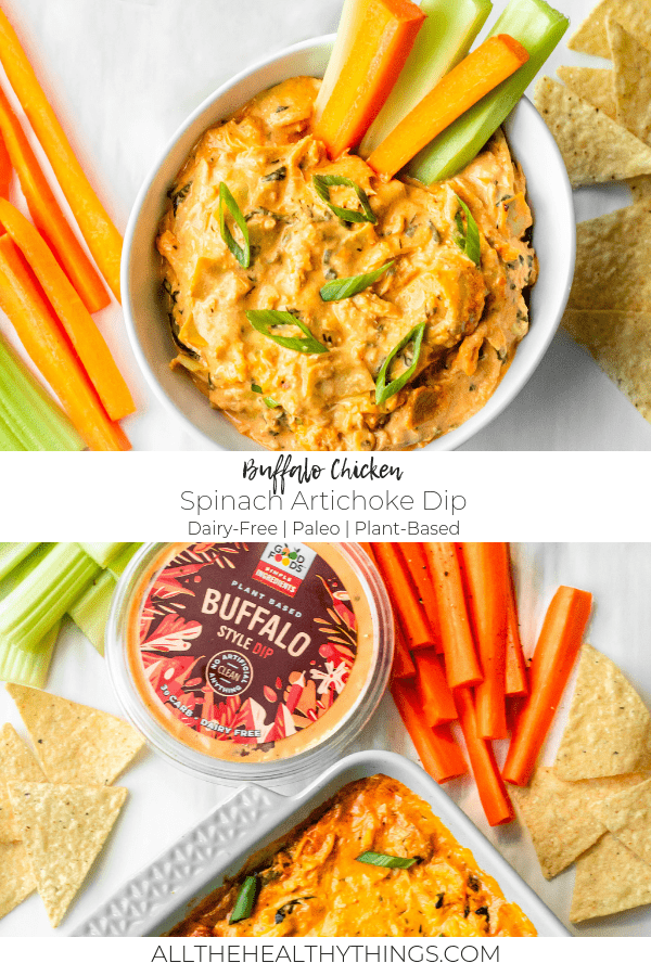 Buffalo Chicken Spinach Artichoke Dip (Dairy Free + Paleo)