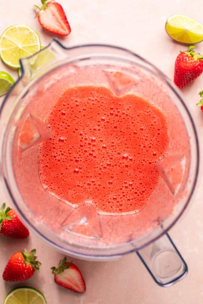 blended strawberry mixture in blender