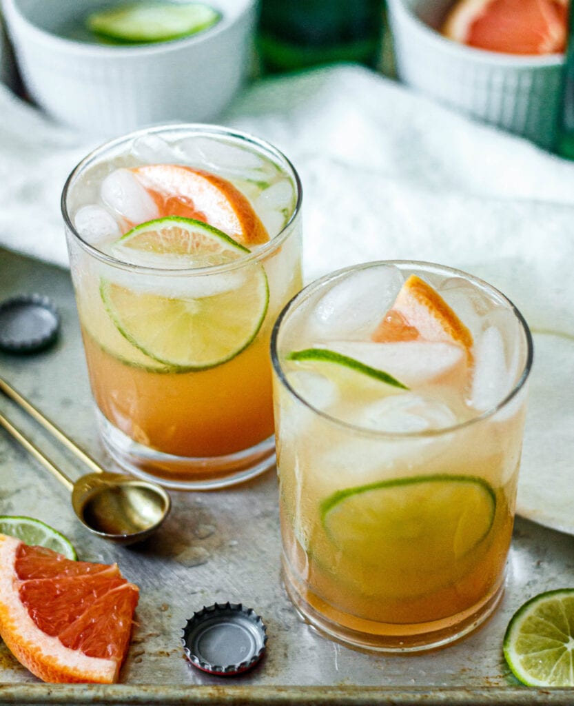 overhead shot of grapefruit paloma mocktail slice of grapefruit