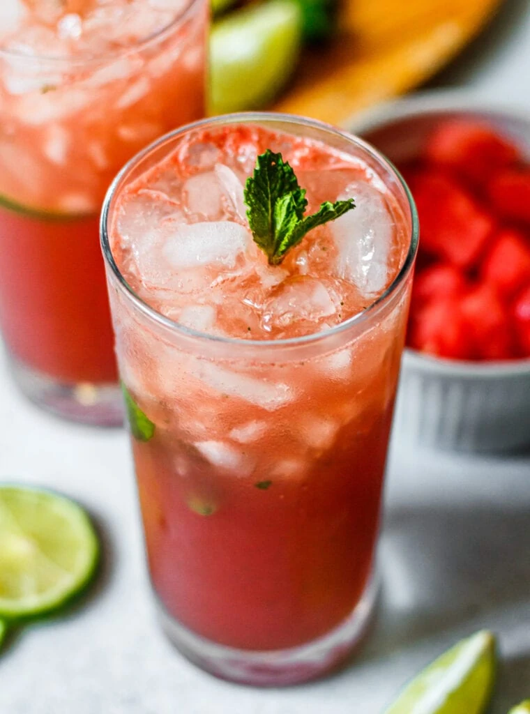 watermelon mojito mocktail in a tall glass with a sprig of fresh mint