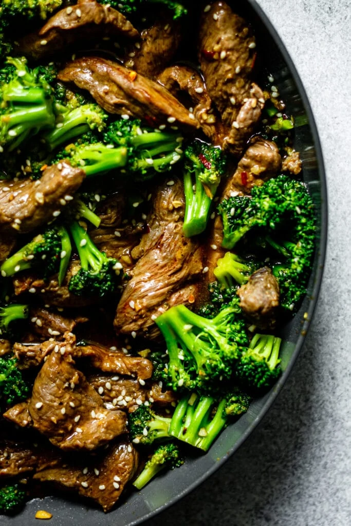 cooked beef and broccoli is skillet