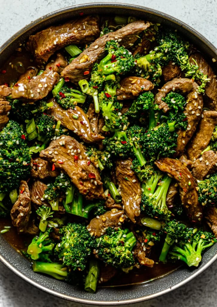 Healthy Beef and Broccoli in a grey dish