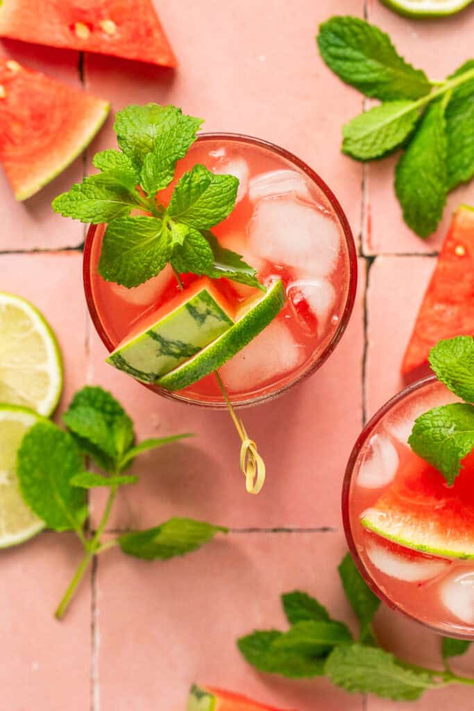 mocktail over ice with fresh mint and watermelon slices
