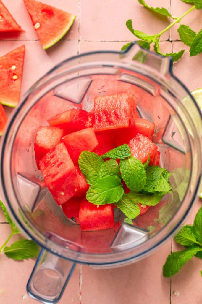 watermelon chunks and fresh mint in blender