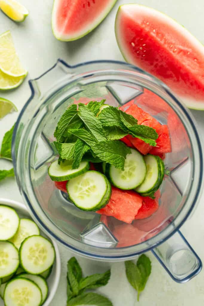 watermelon, cucumber, and mint in blender