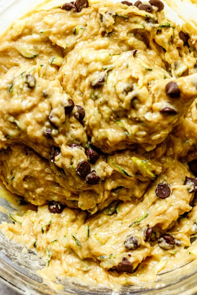 chocolate chip zucchini bread batter in mixing bowl