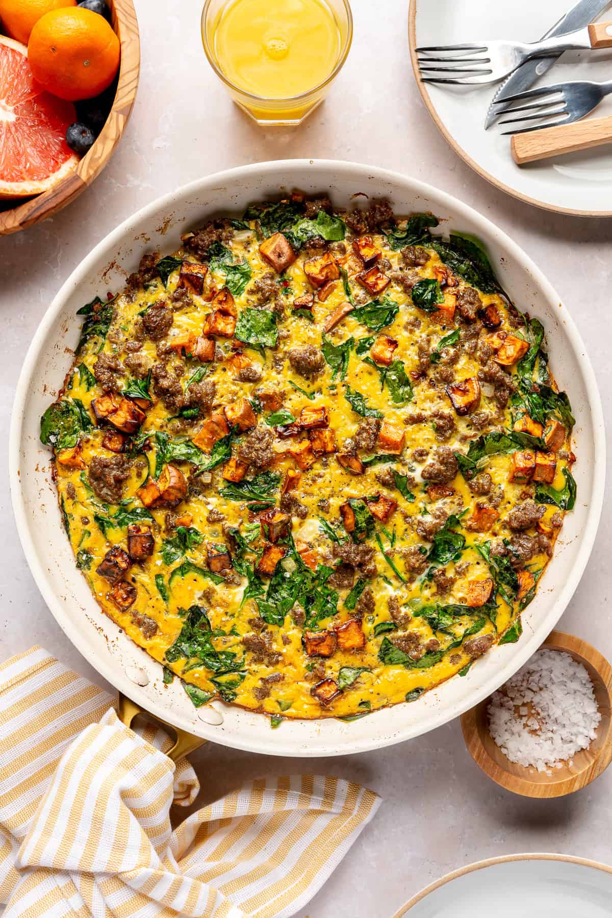 sweet potato and sausage frittata in pan