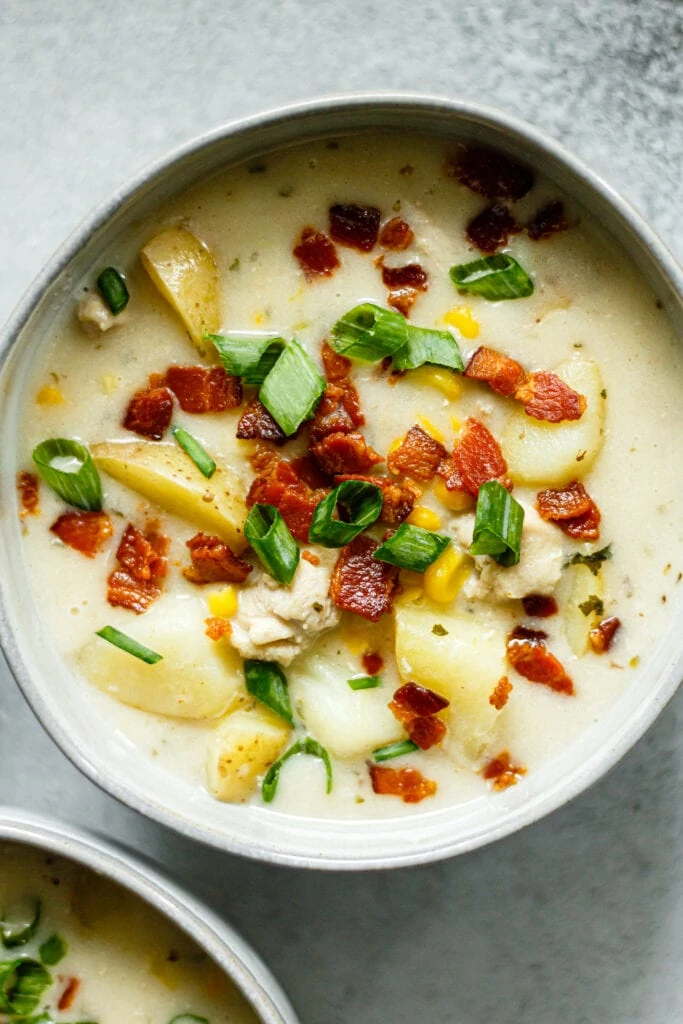 chowder topped with bacon and green onion