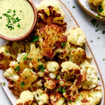 roasted cauliflower and tahini on platter