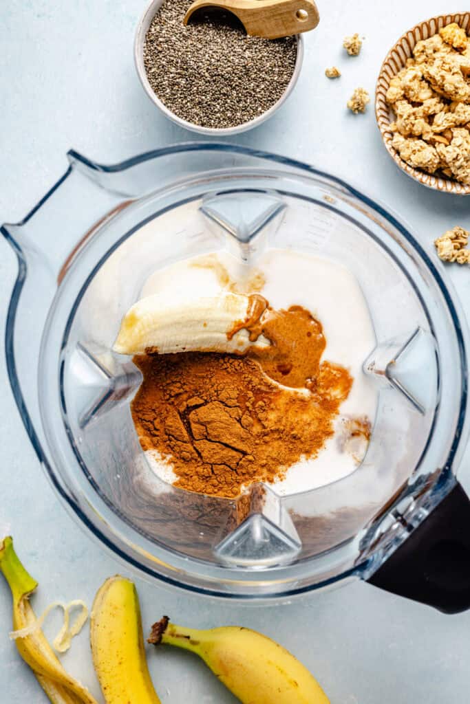 wet ingredients and banana in the blender