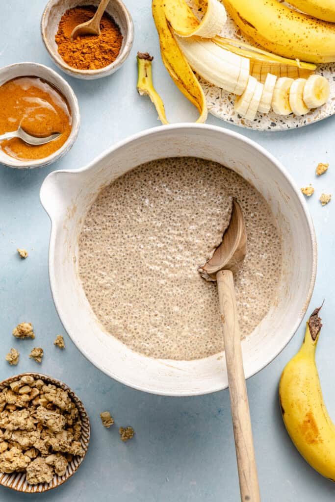 banana chia pudding in mixing bowl