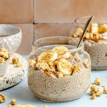 banana chia pudding in glass jar with spoon