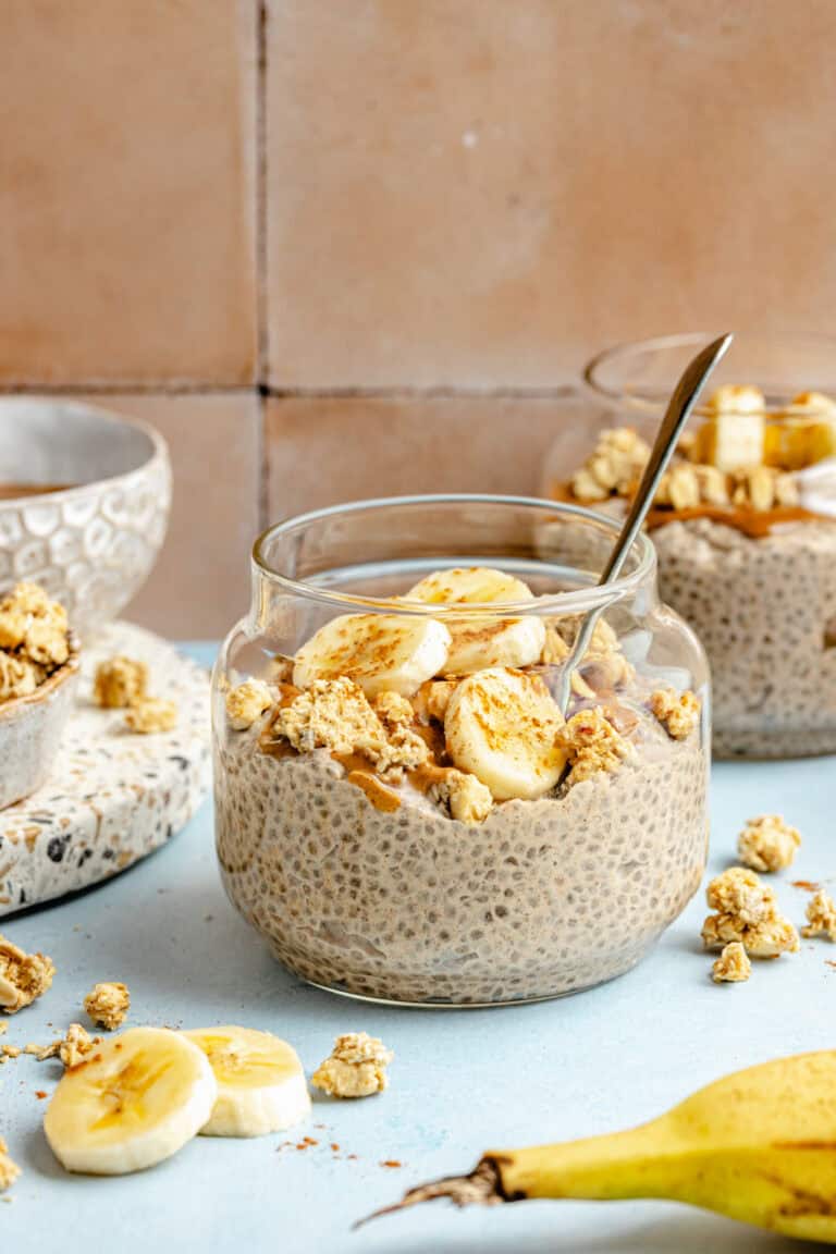 banana chia pudding in glass jar with spoon