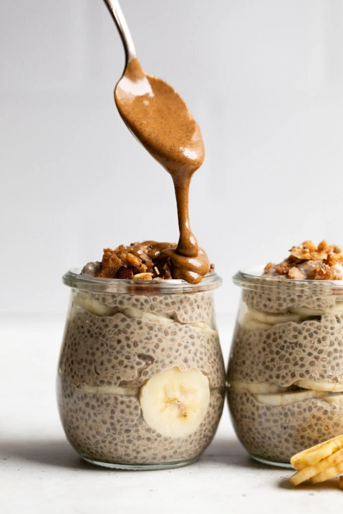banana bread chia pudding with almond butter