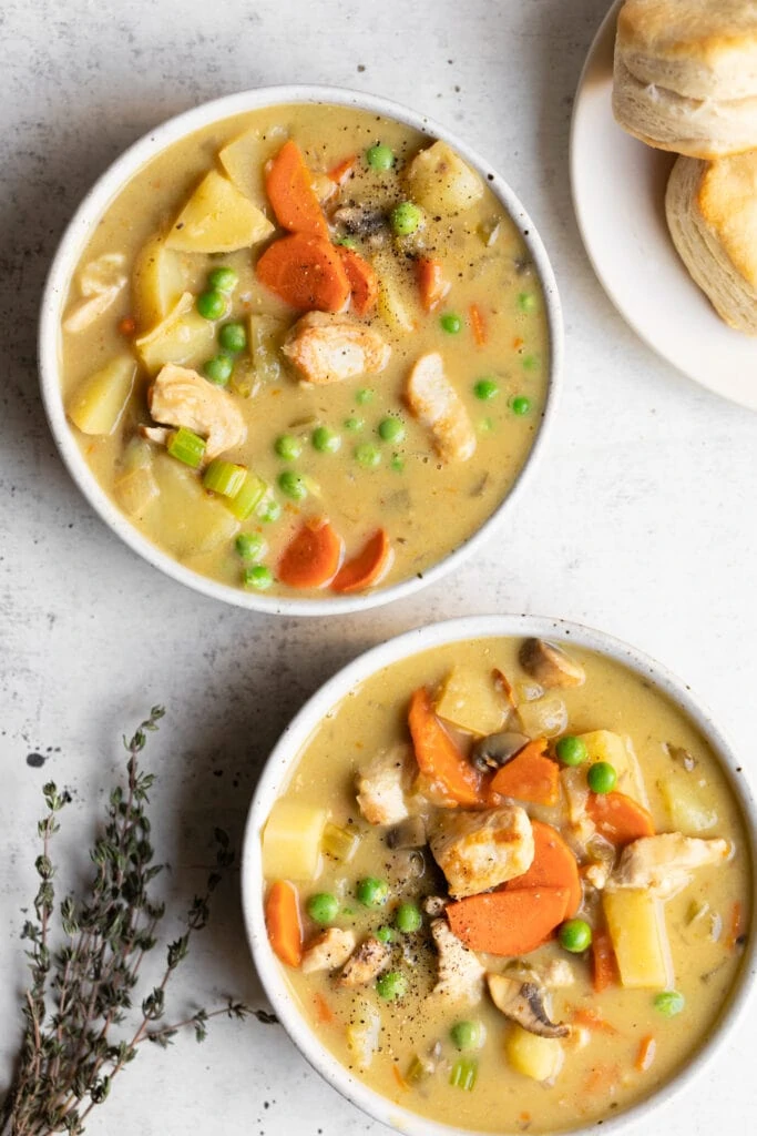 pot pie soup in two bowls