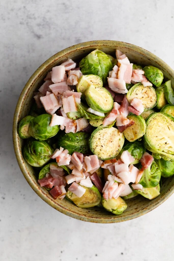Brussels sprouts with bacon in a bowl