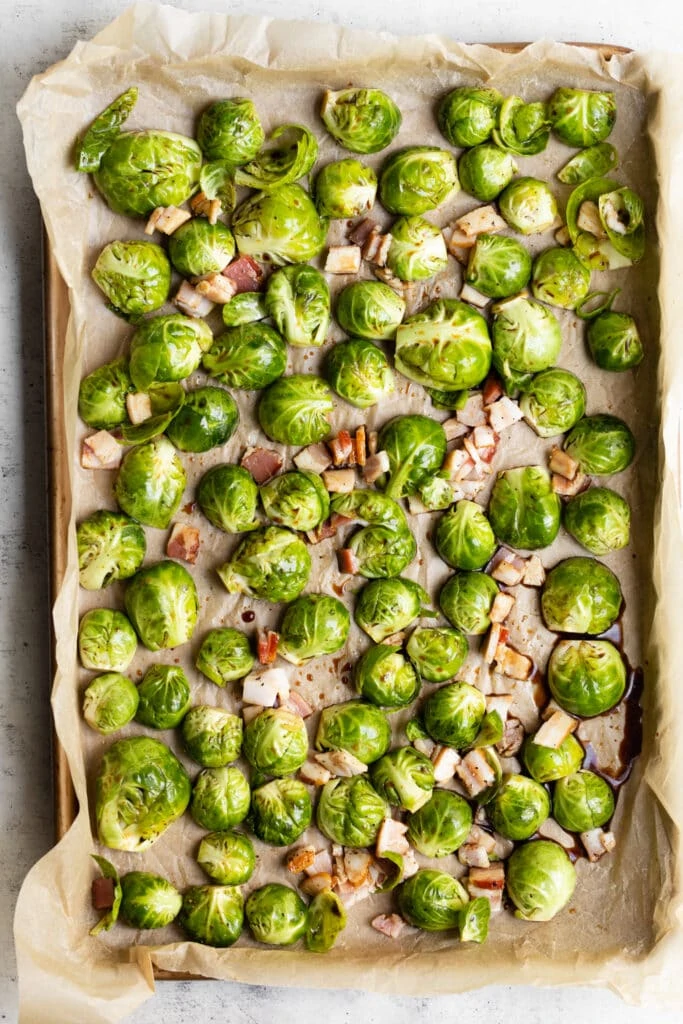 brussel sprouts and bacon on sheet pan