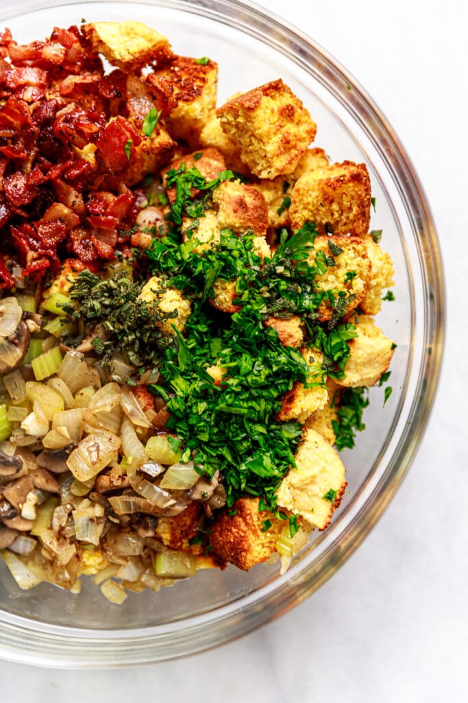 cornbread, veggies, and bacon in bowl