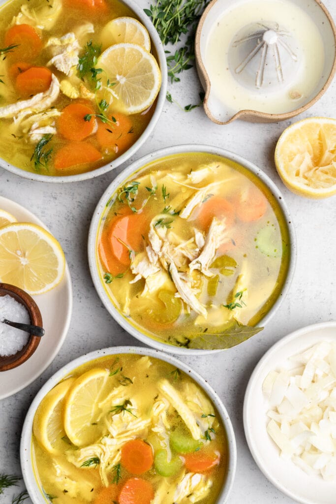 chicken soup in three bowls