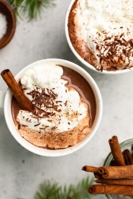 hot chocolate with whipped cream and chocolate shavings