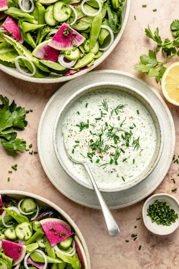 dairy free ranch dressing in bowl with spoon