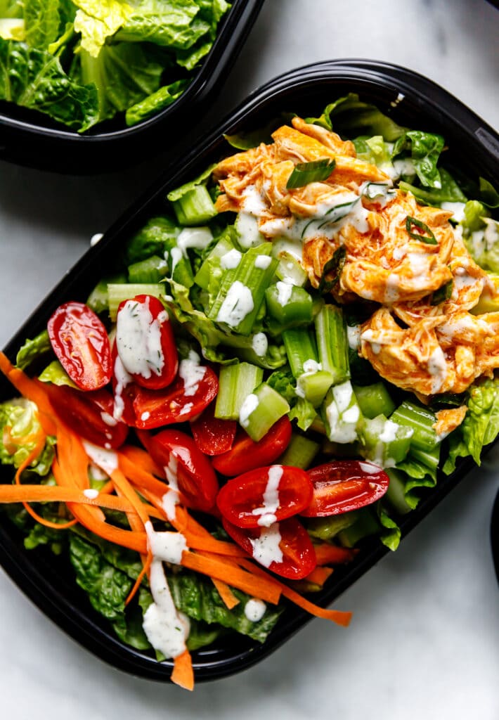 buffalo chicken salad in meal prep container